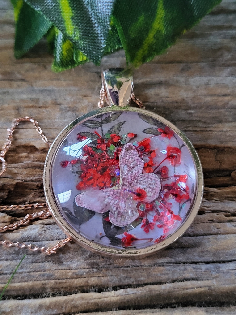 RoseGold ButterflyNecklace with Red Floral Accent Under Glass Cabachon